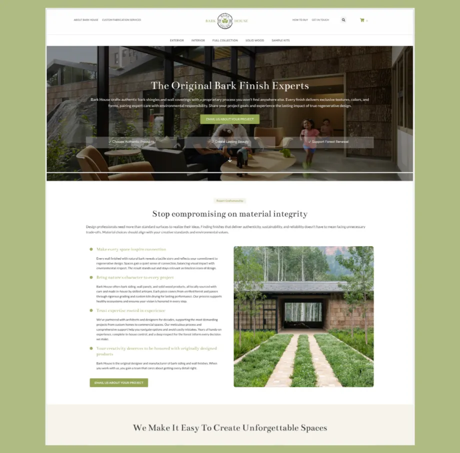Bark House — Premium Natural Materials E-Commerce Platform with WordPress & Brand Storytelling